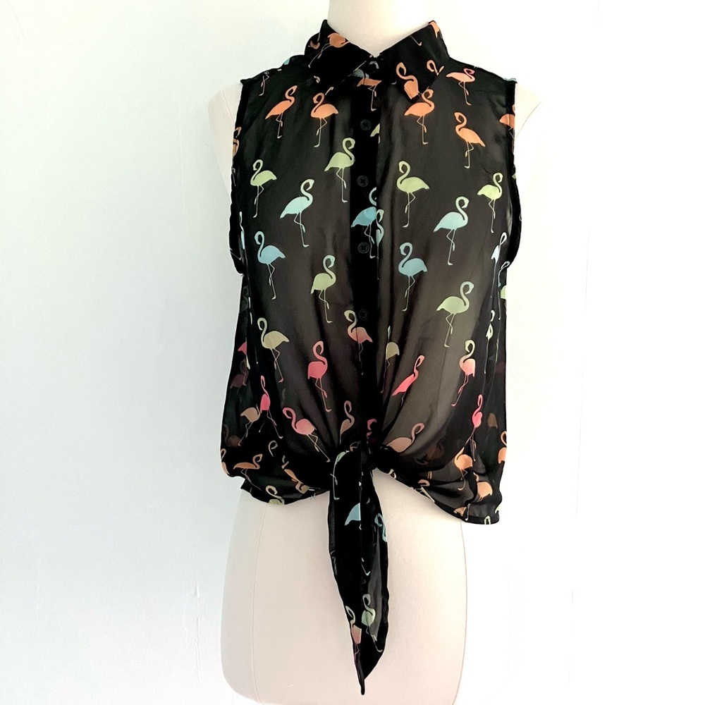 Retro black pastel flamingo button up tie waist blouse top shirt